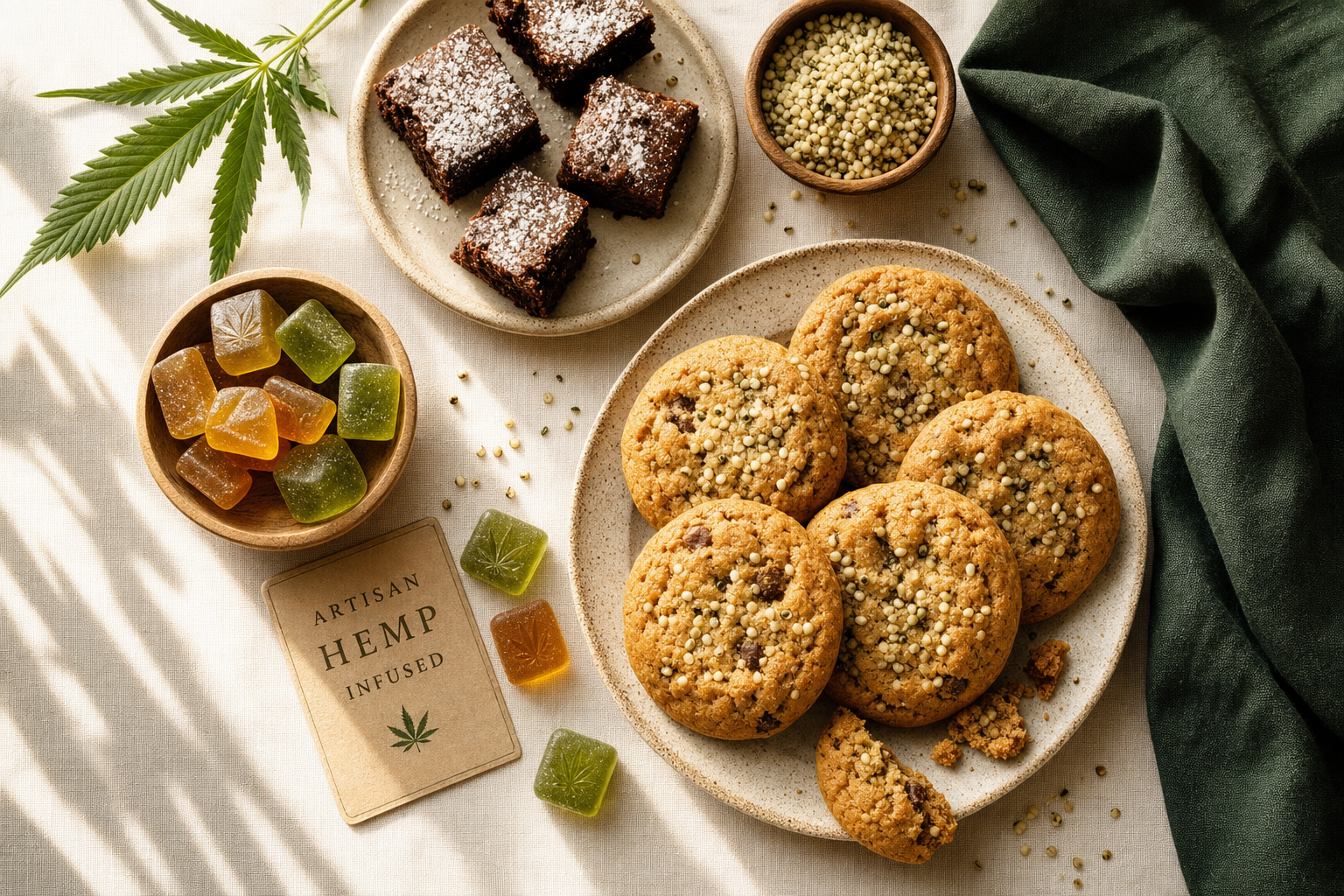 Assorted hemp-infused baked goods on a cream linen surface