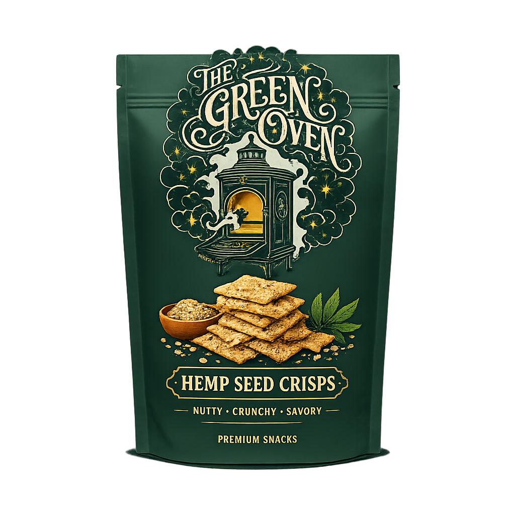 Green Oven Co Hemp Seed Crisps in kraft pouch with green branded label