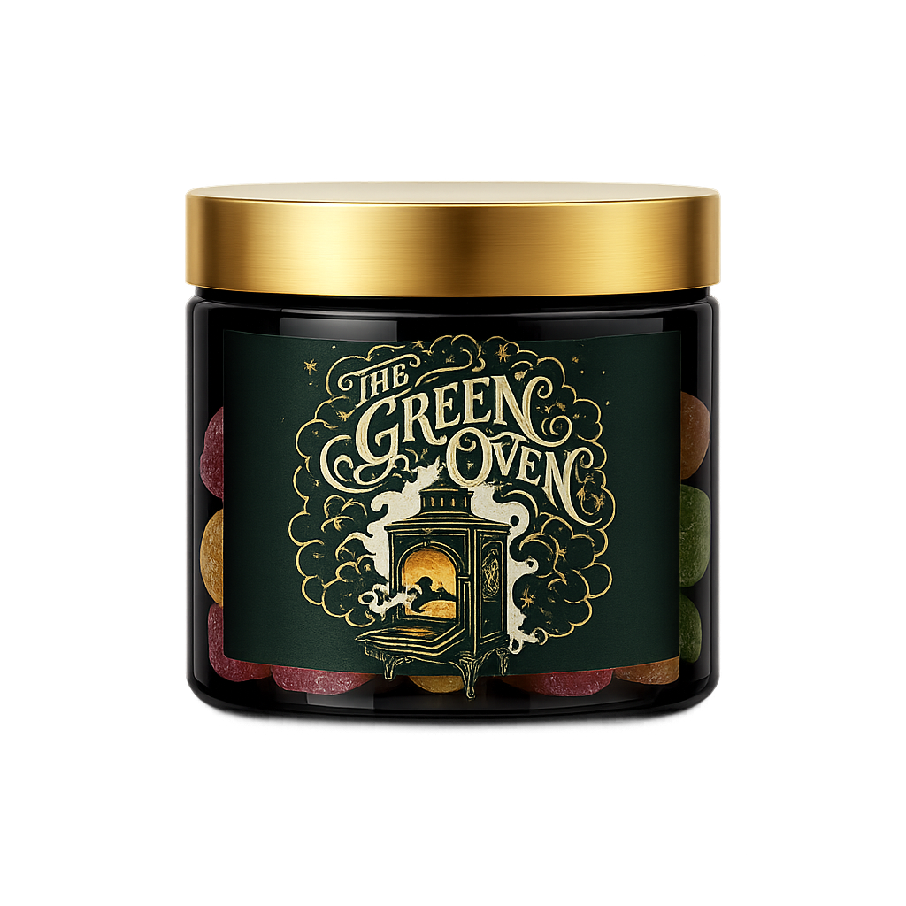 Glass jar of Green Oven Co Cloud Gummies with branded green label