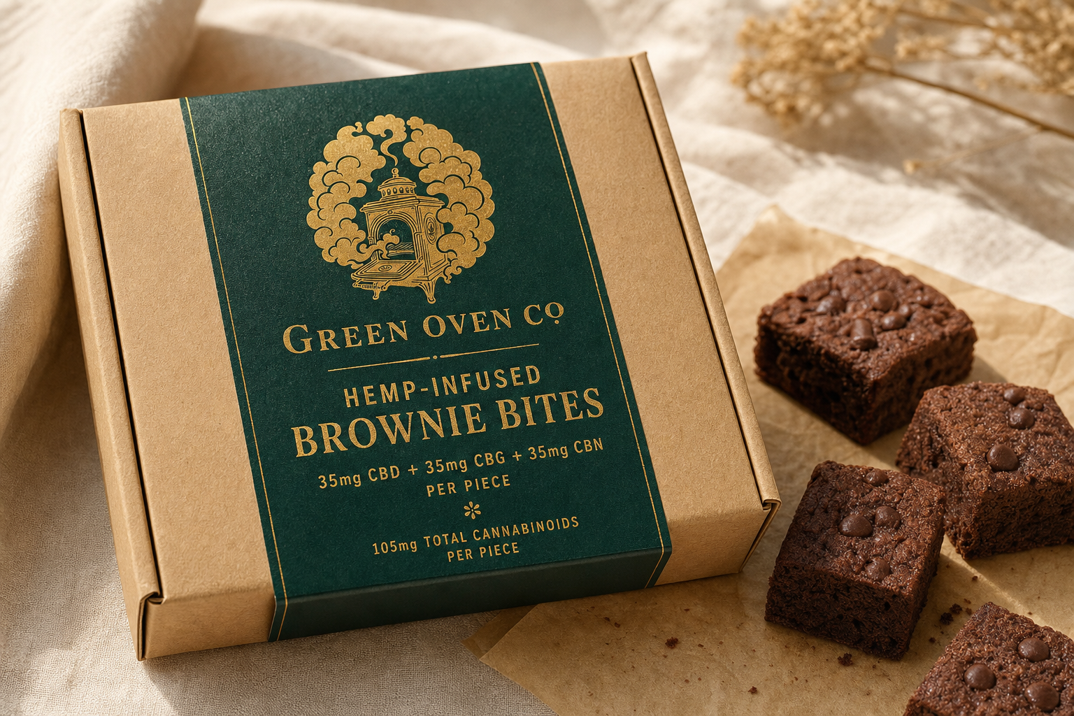 Green Oven Co brownie bites box with branded green and gold label