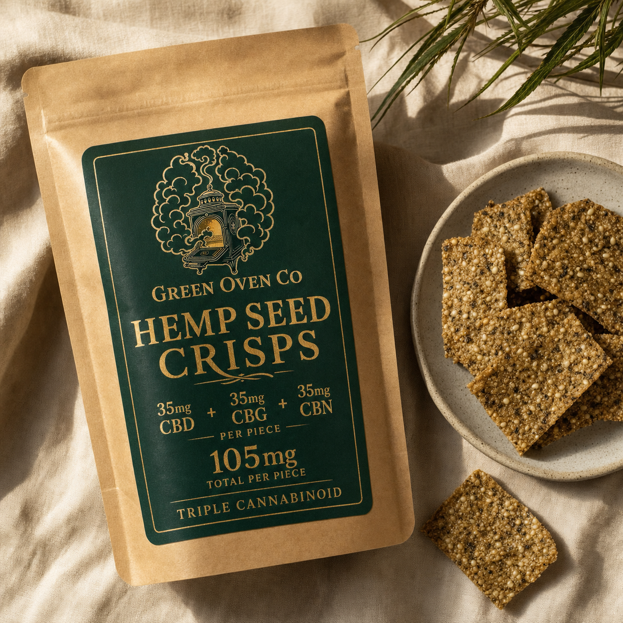 Green Oven Co Hemp Seed Crisps in kraft pouch with green branded label