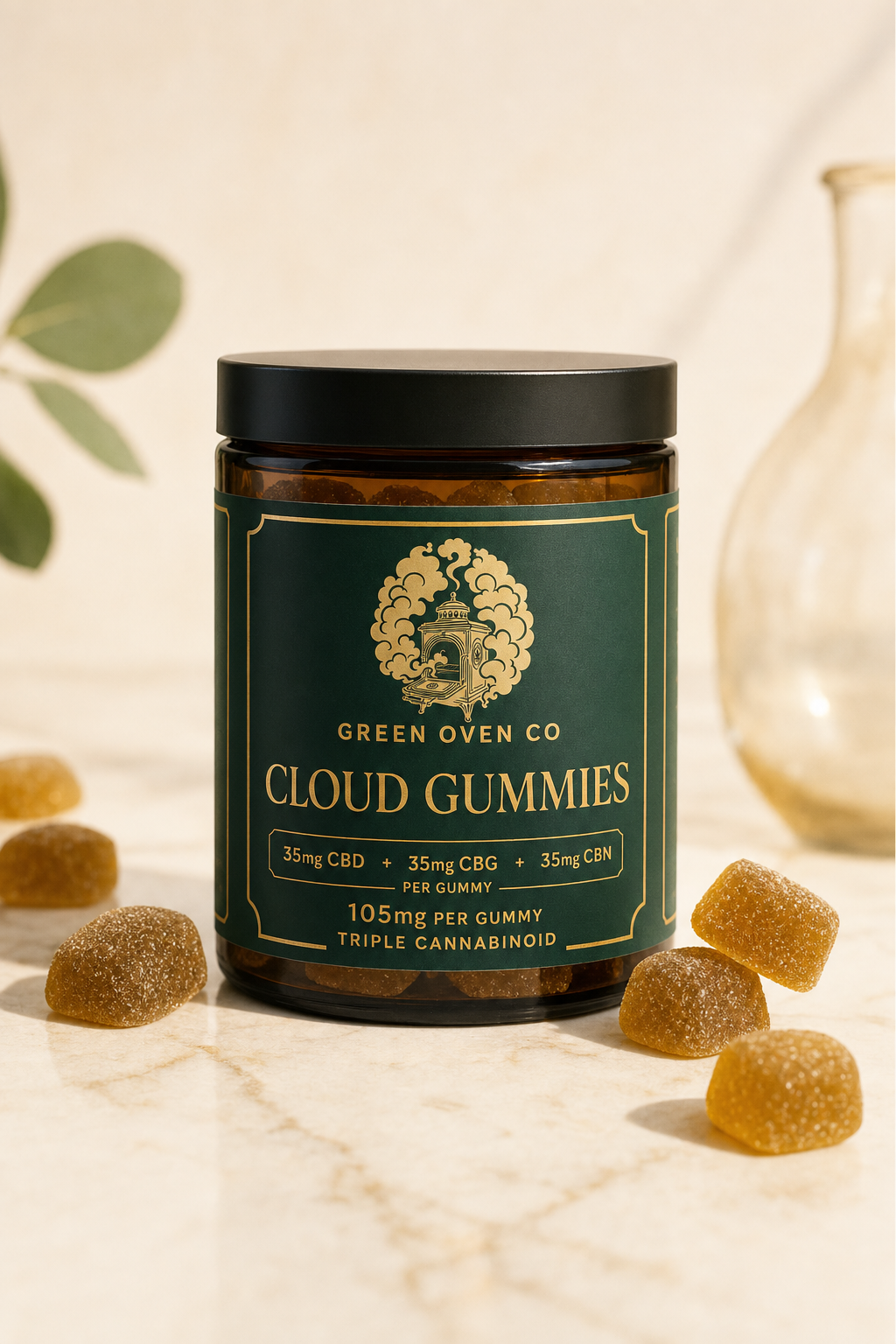 Glass jar of Green Oven Co Cloud Gummies with branded green label