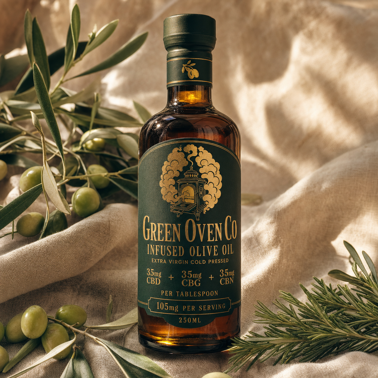 Green Oven Co Infused Olive Oil 250ml amber bottle with green and gold branded label