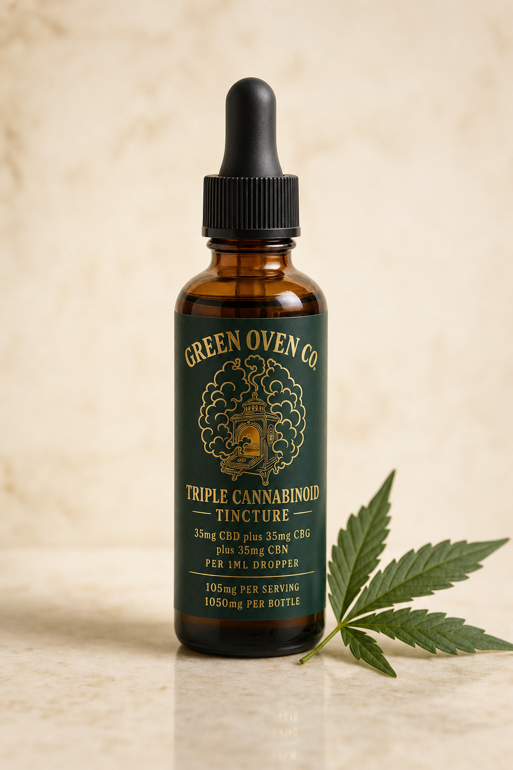 Green Oven Co Triple Cannabinoid Tincture dropper bottle with branded green and gold label